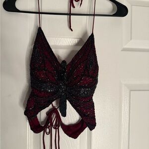 Red and Black Bustier Camisole with Tie Front